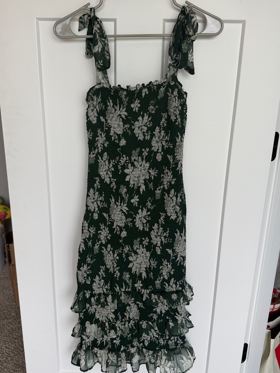 Vintage Abercrombie & Finch Green Floral Ruffled Tie-Shoulder Midi Dress